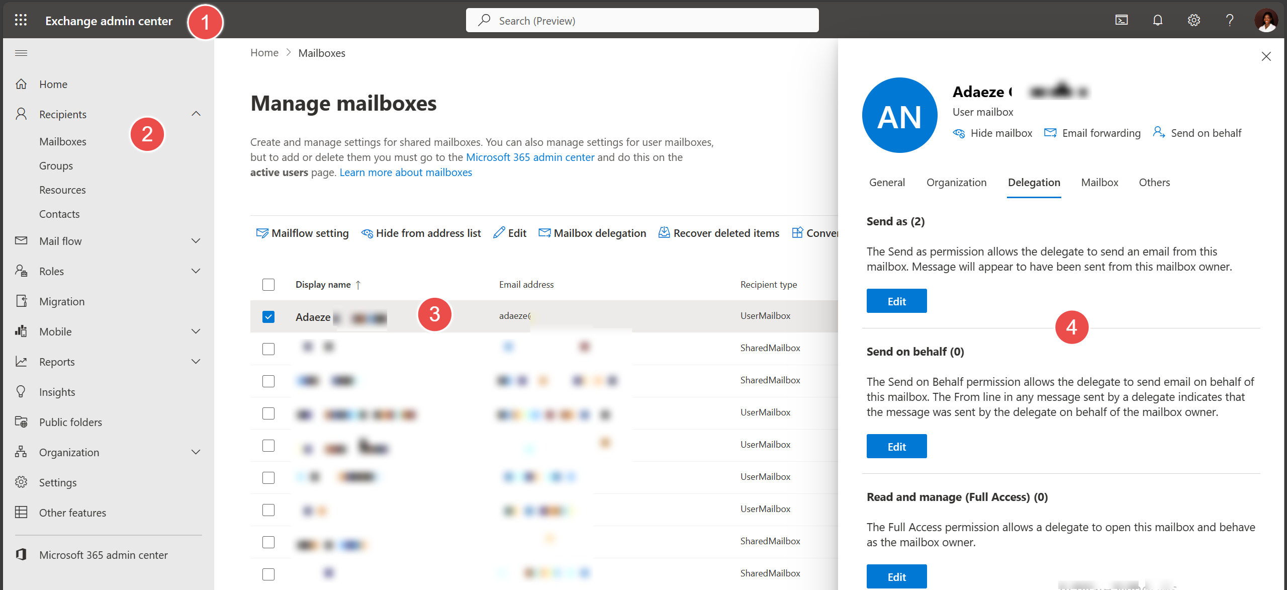 Exchange admin center exchange mailbox permissions