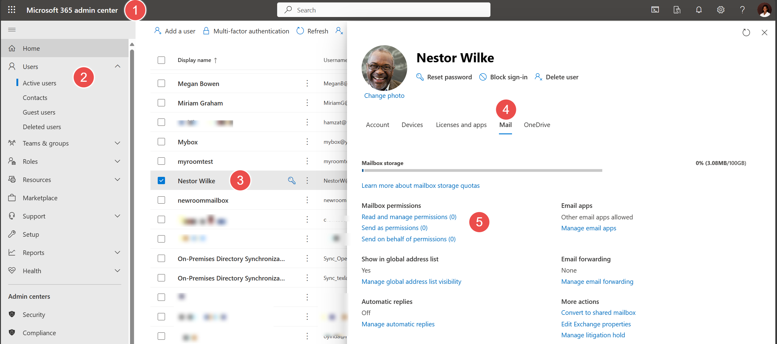 Office 365 admin center exchange mailbox permissions