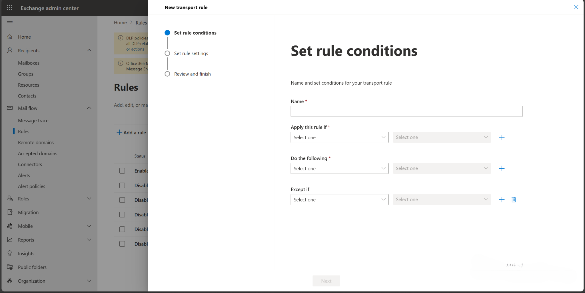 set rule conditions exchange online