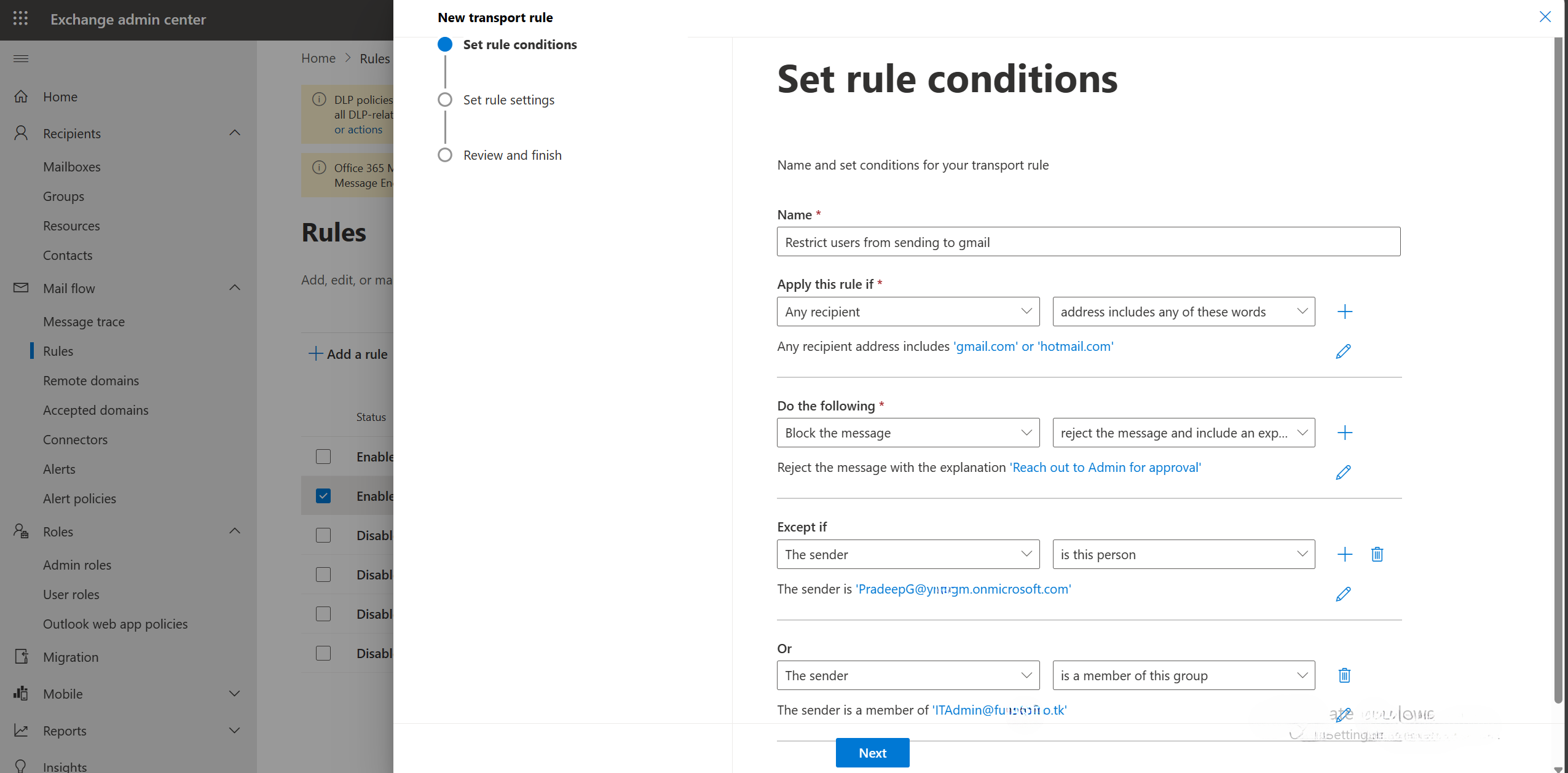 rule conditions mail flow rule in exchange online