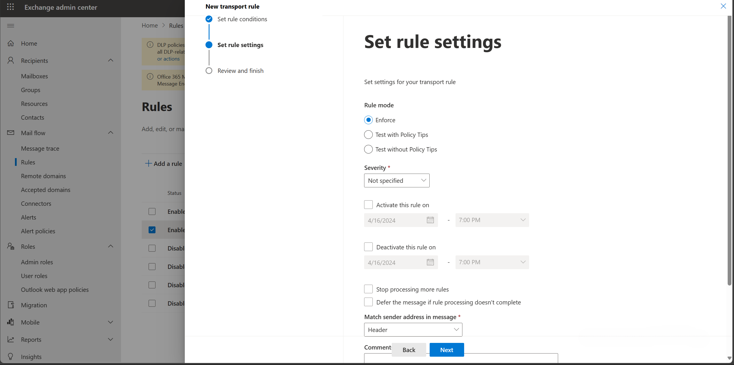 rule settings mail flow