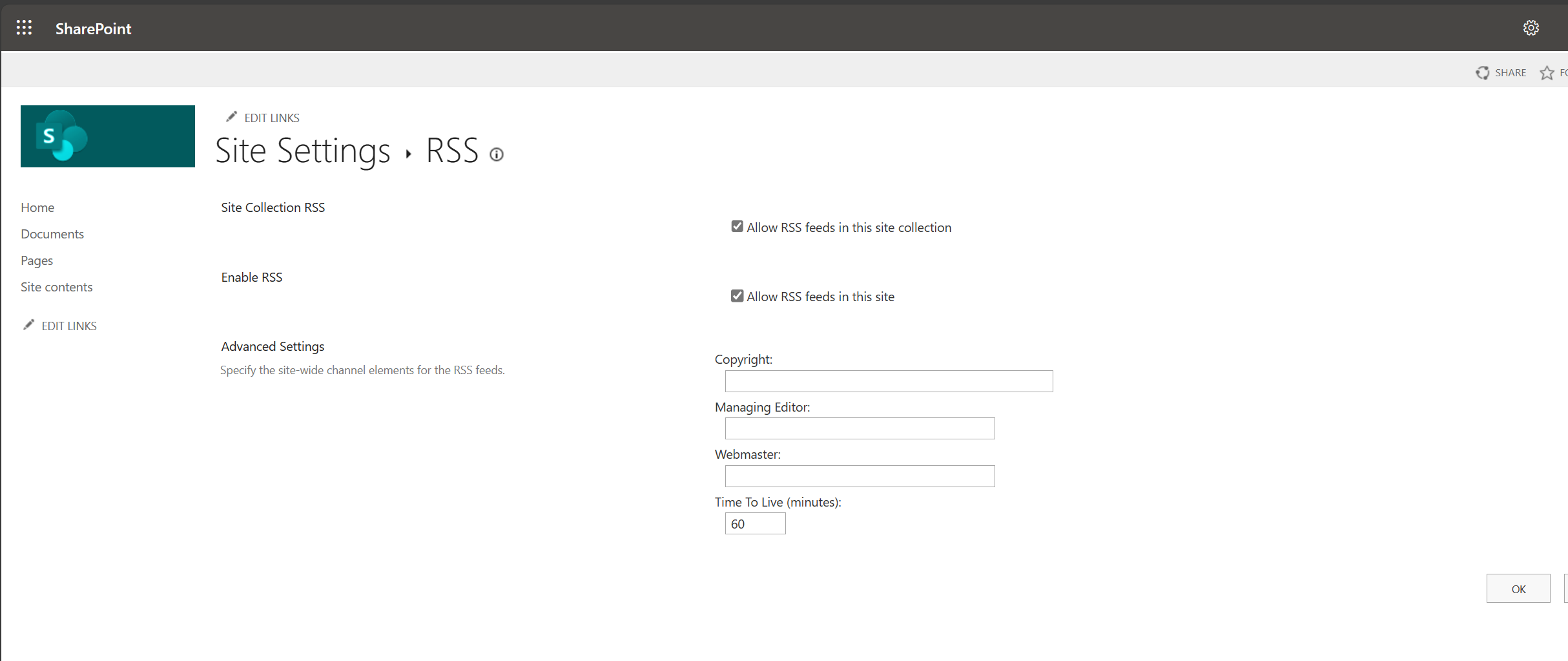 RSS Sharepoint settings