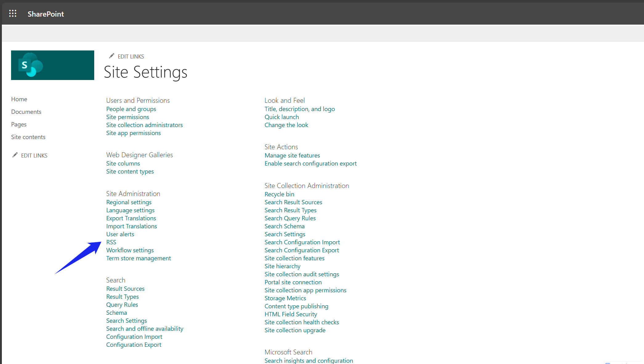 Microsoft Sharepoint site administration RSS