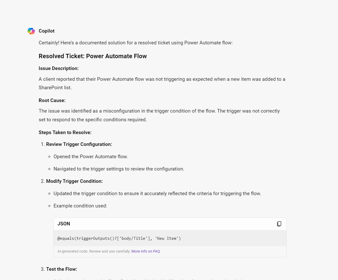 document issue with Flow CoPilot for support engineers