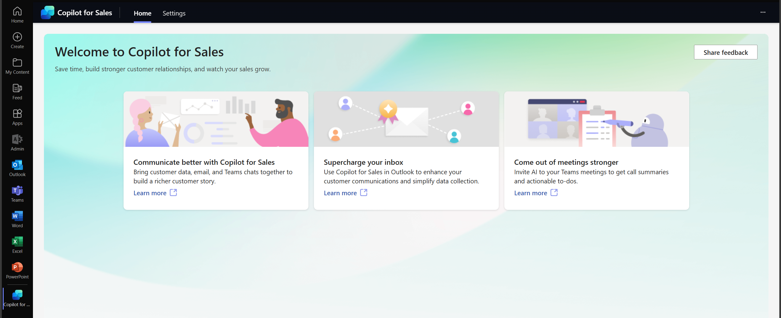 CoPilot for sales home page on office 365
