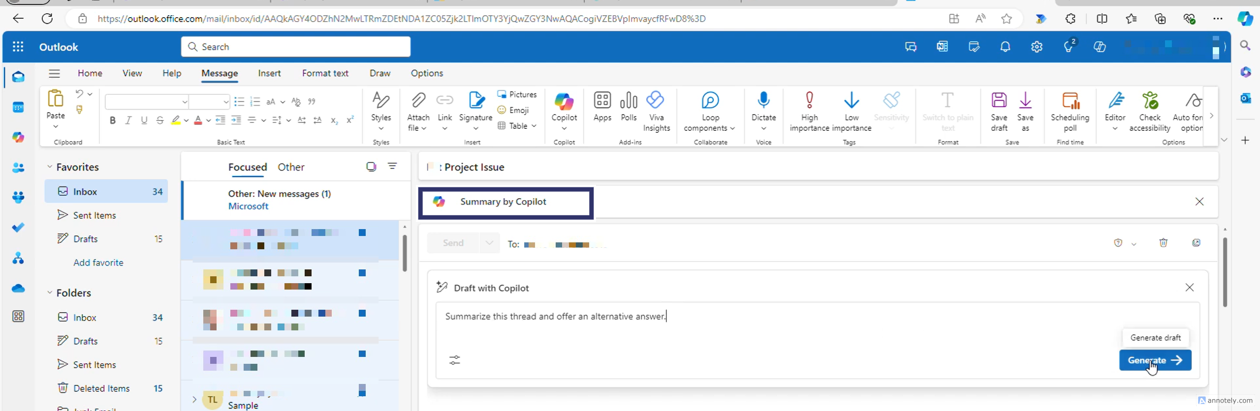 summarize with copilot in outlook
